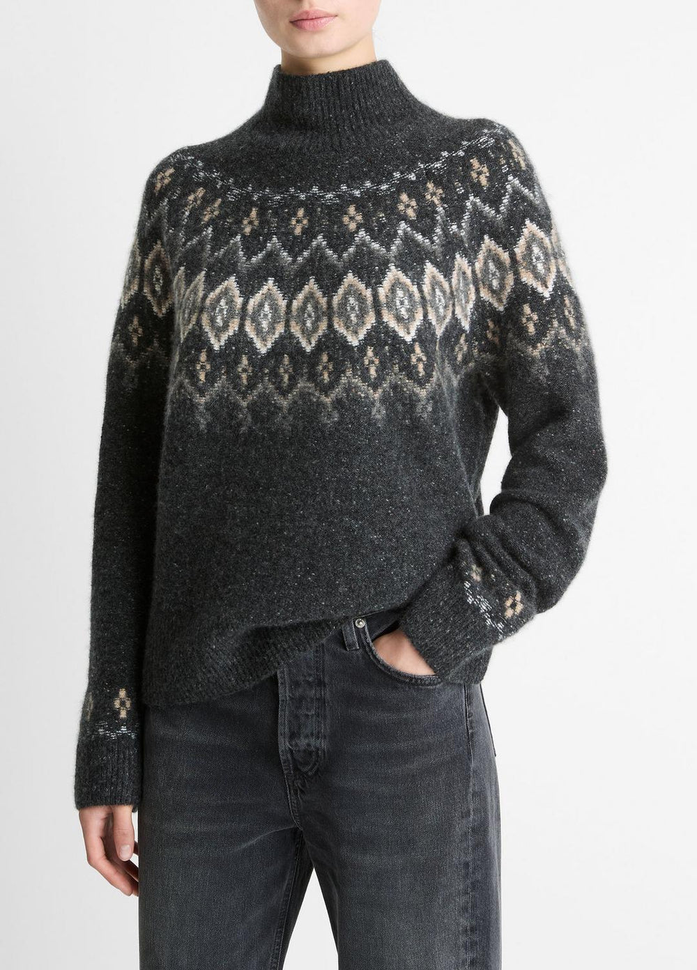Fair Isle Donegal Cashmere Turtleneck Sweater in Turtleneck - HEATHER CHARCOAL COMBO | VINCE Women