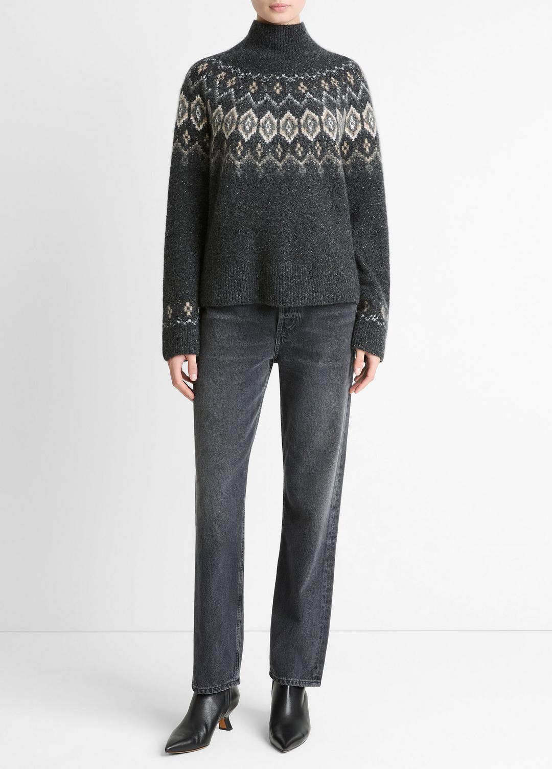 Fair Isle Donegal Cashmere Turtleneck Sweater in Turtleneck - HEATHER CHARCOAL COMBO | VINCE Women