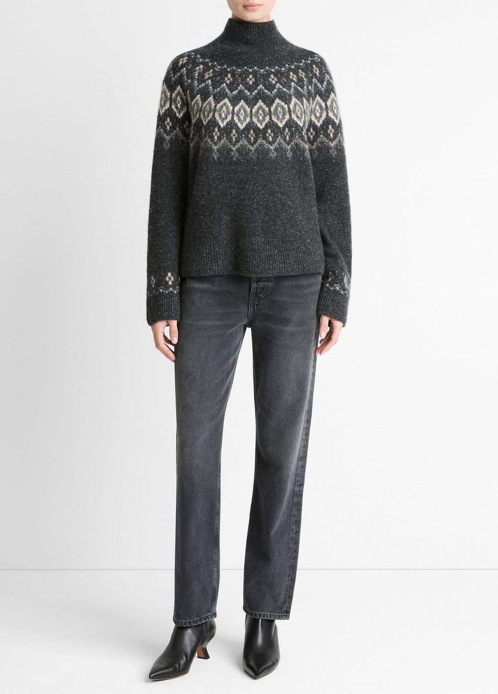 Fair Isle Donegal Cashmere Turtleneck Sweater in Turtleneck - HEATHER CHARCOAL COMBO | VINCE Women