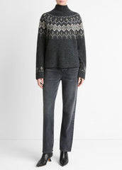 Fair Isle Donegal Cashmere Turtleneck Sweater in Turtleneck - HEATHER CHARCOAL COMBO | VINCE Women