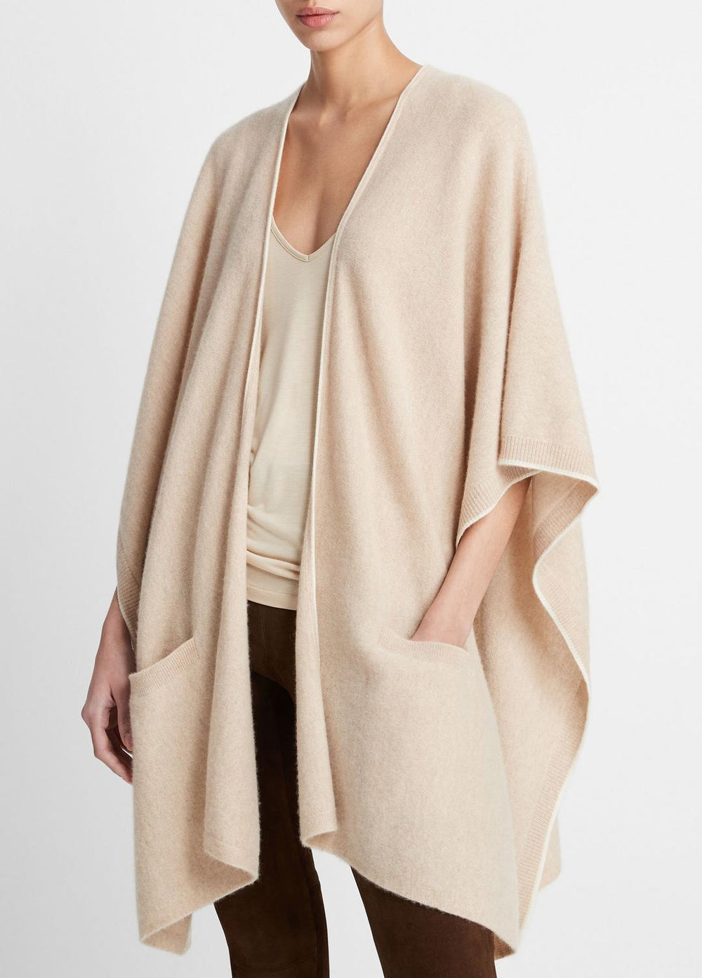 Tipped Jersey-Knit Cashmere Cape in Sweaters - OAK/WHITE | VINCE Women