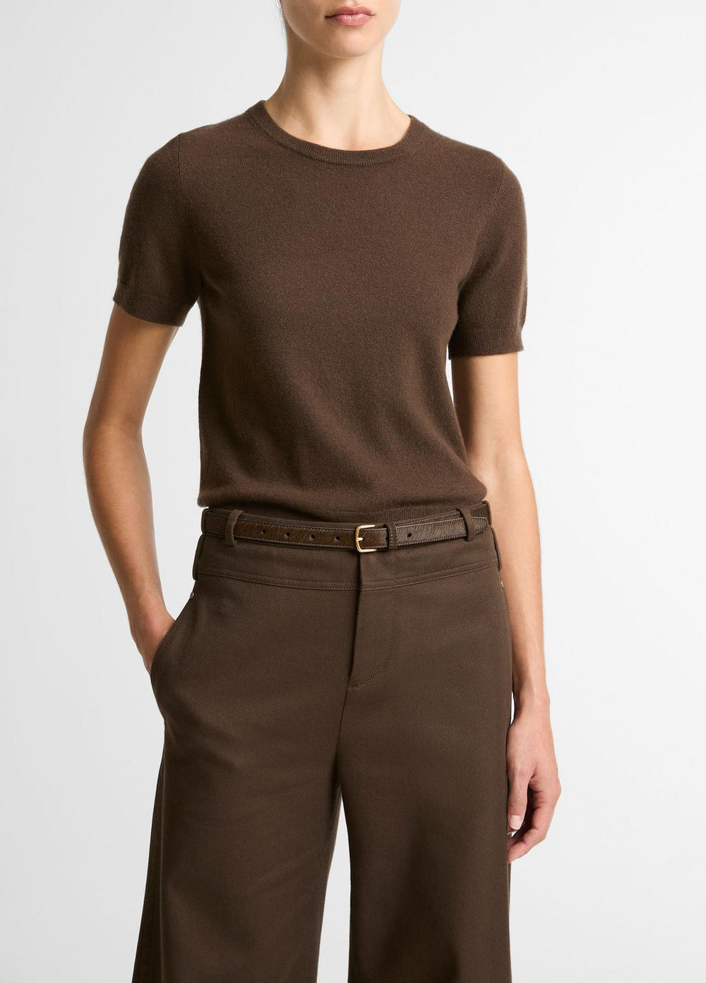 Wool & Cashmere-Blend Short-Sleeve Sweater in Crew Neck - DARK BARK | VINCE Women