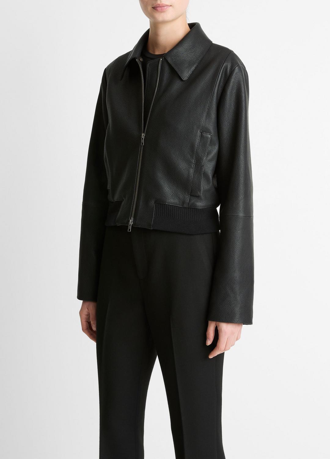 Shearling-Trim Shrunken Leather Jacket in Leather Jackets - BLACK | VINCE Women