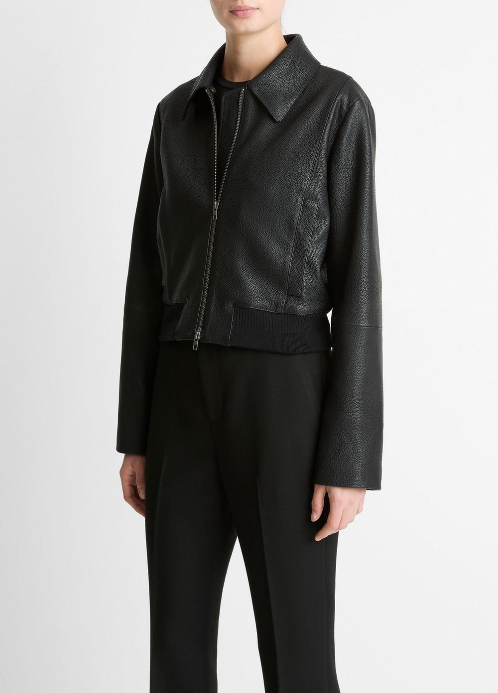 Shearling-Trim Shrunken Leather Jacket in Leather Jackets - BLACK | VINCE Women