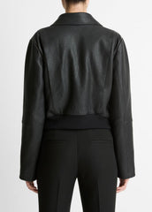 Shearling-Trim Shrunken Leather Jacket in Leather Jackets - BLACK | VINCE Women