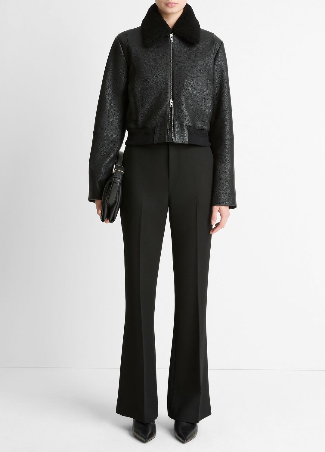 Shearling-Trim Shrunken Leather Jacket in Leather Jackets - BLACK | VINCE Women