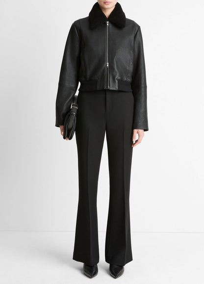 Shearling-Trim Shrunken Leather Jacket in Leather Jackets - BLACK | VINCE Women