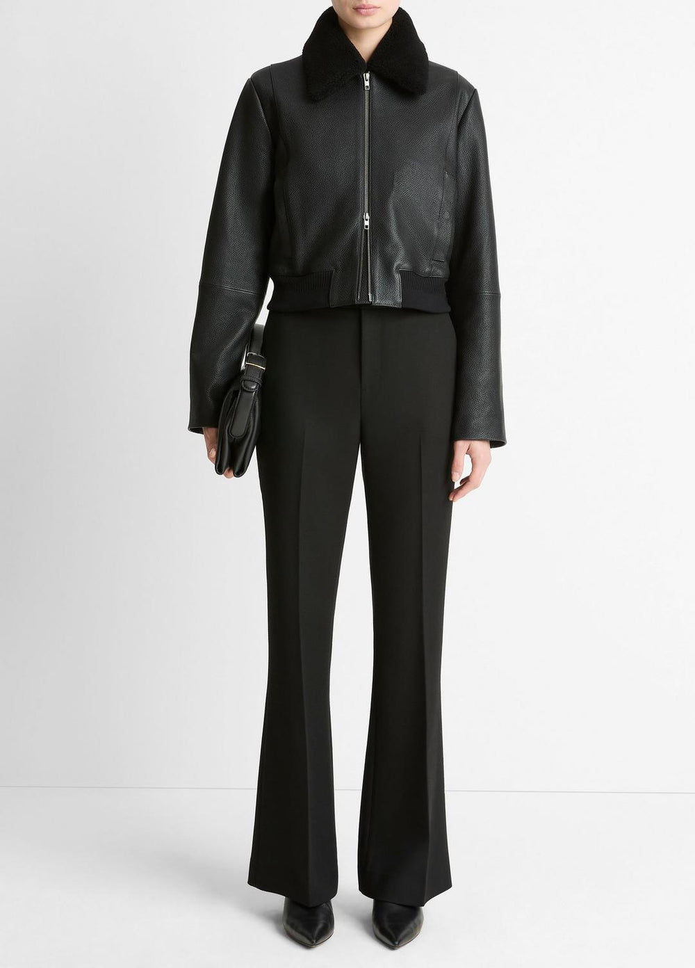 Shearling-Trim Shrunken Leather Jacket in Leather Jackets - BLACK | VINCE Women