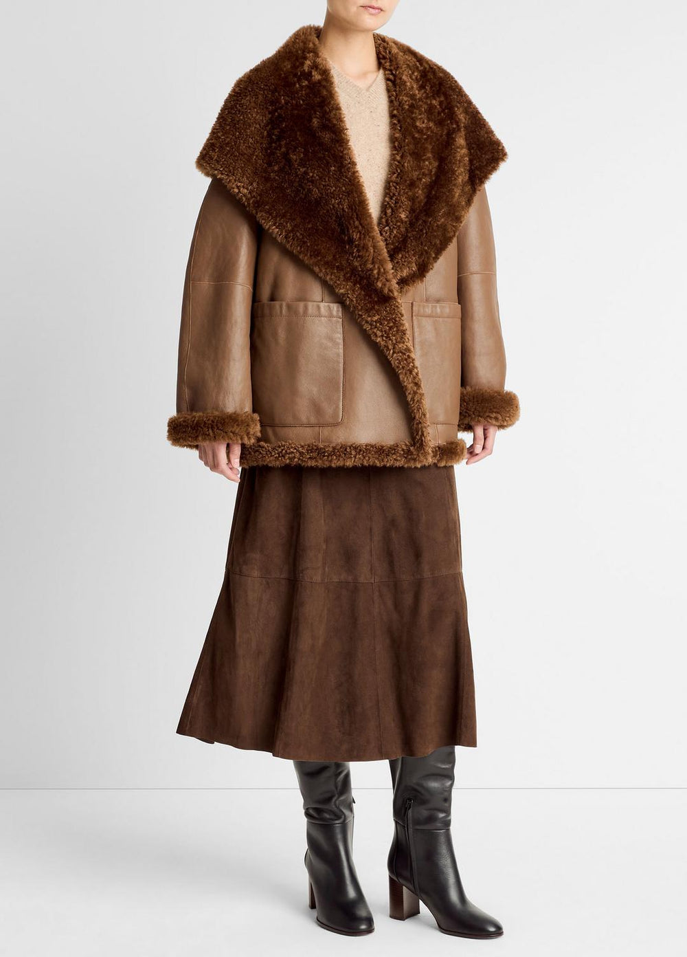 Shearling Hooded Jacket in Jackets - COGNAC ESPRESSO COMB | VINCE Women