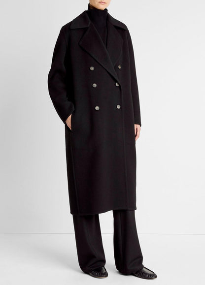 Wool-Blend Double-Breasted Long Coat in Coats - BLACK | VINCE Women