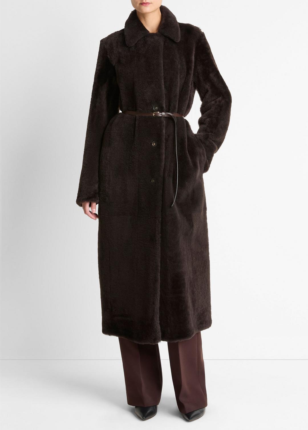 Shearling Long Coat in Coats - DARK UMBER | VINCE Women