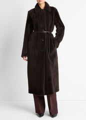 Shearling Long Coat in Coats - DARK UMBER | VINCE Women