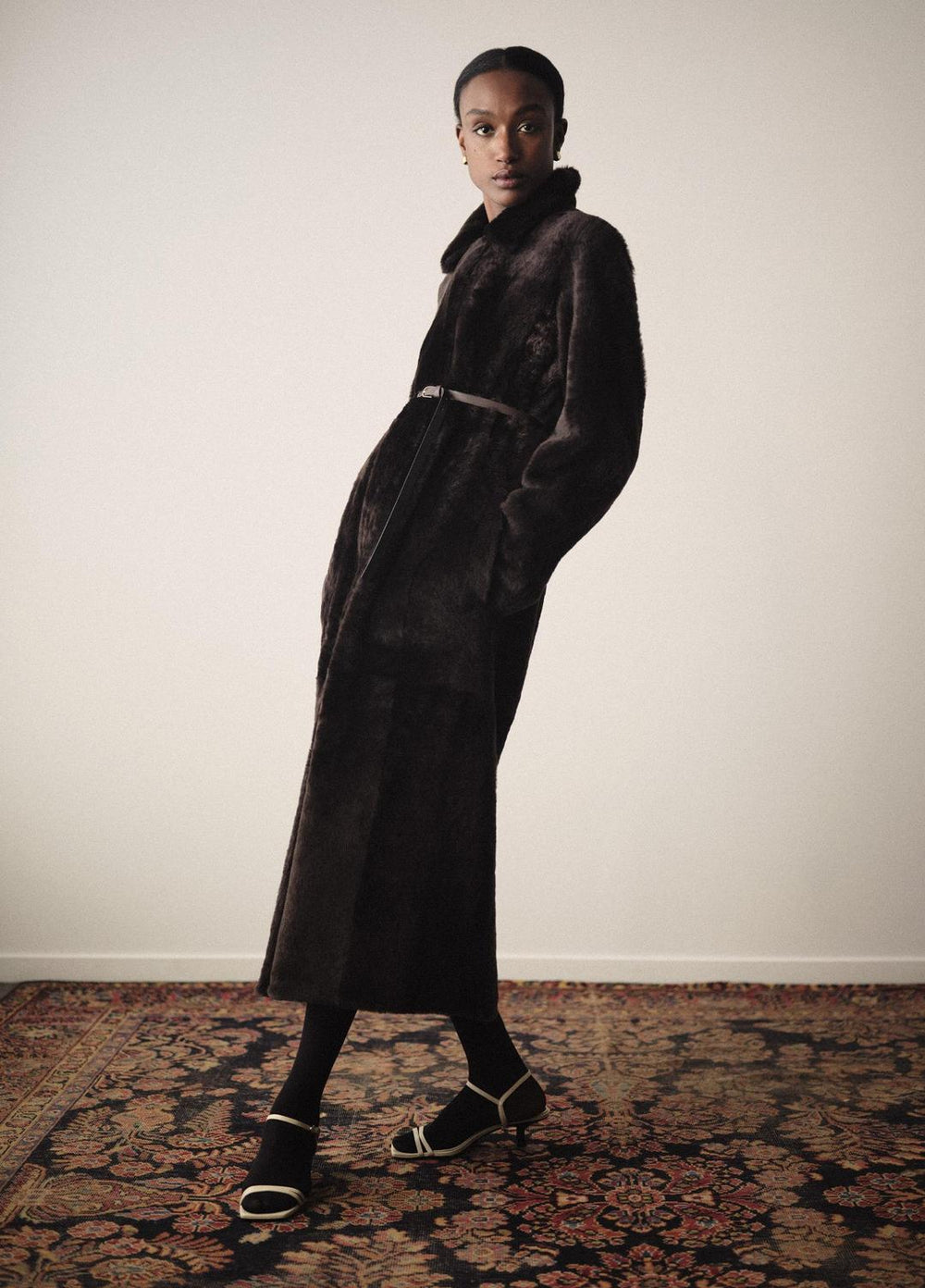 Shearling Long Coat in Coats - DARK UMBER | VINCE Women