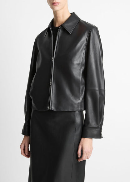 Leather Cropped Zip-Front Jacket in Jackets - BLACK | VINCE Women