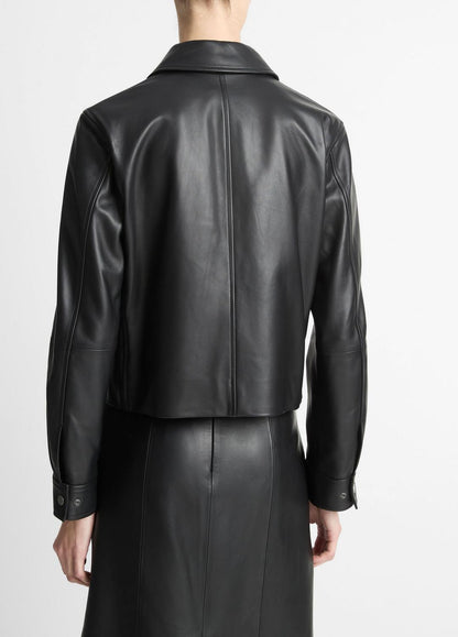 Leather Cropped Zip-Front Jacket in Jackets - BLACK | VINCE Women