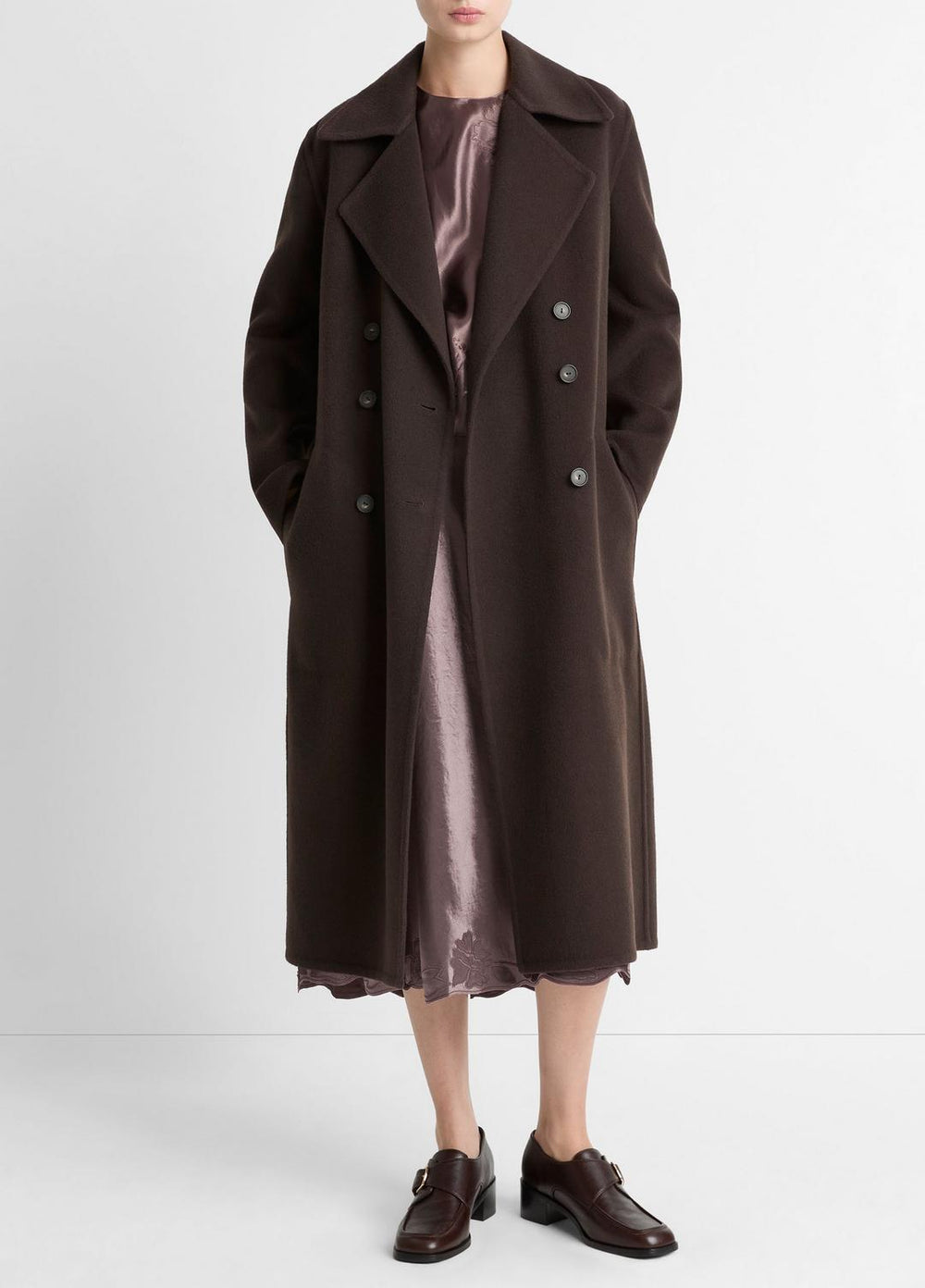 Wool-Blend Double-Breasted Long Coat in Coats - DEEP ESPRESSO | VINCE Women