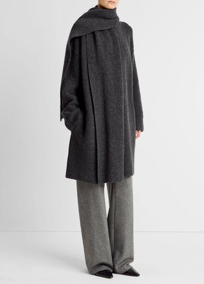 Draped-Scarf Wool-Blend Car Coat in Coats - DARK HEATHER GREY | VINCE Women