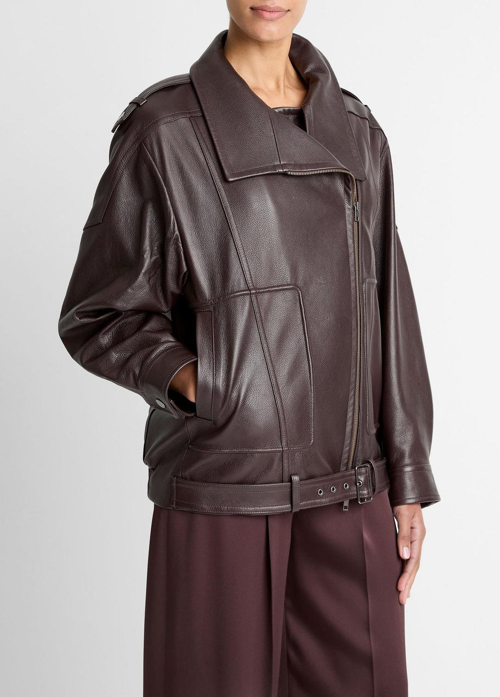 Leather Oversized Biker Jacket in Jackets - DARK FIG | VINCE Women
