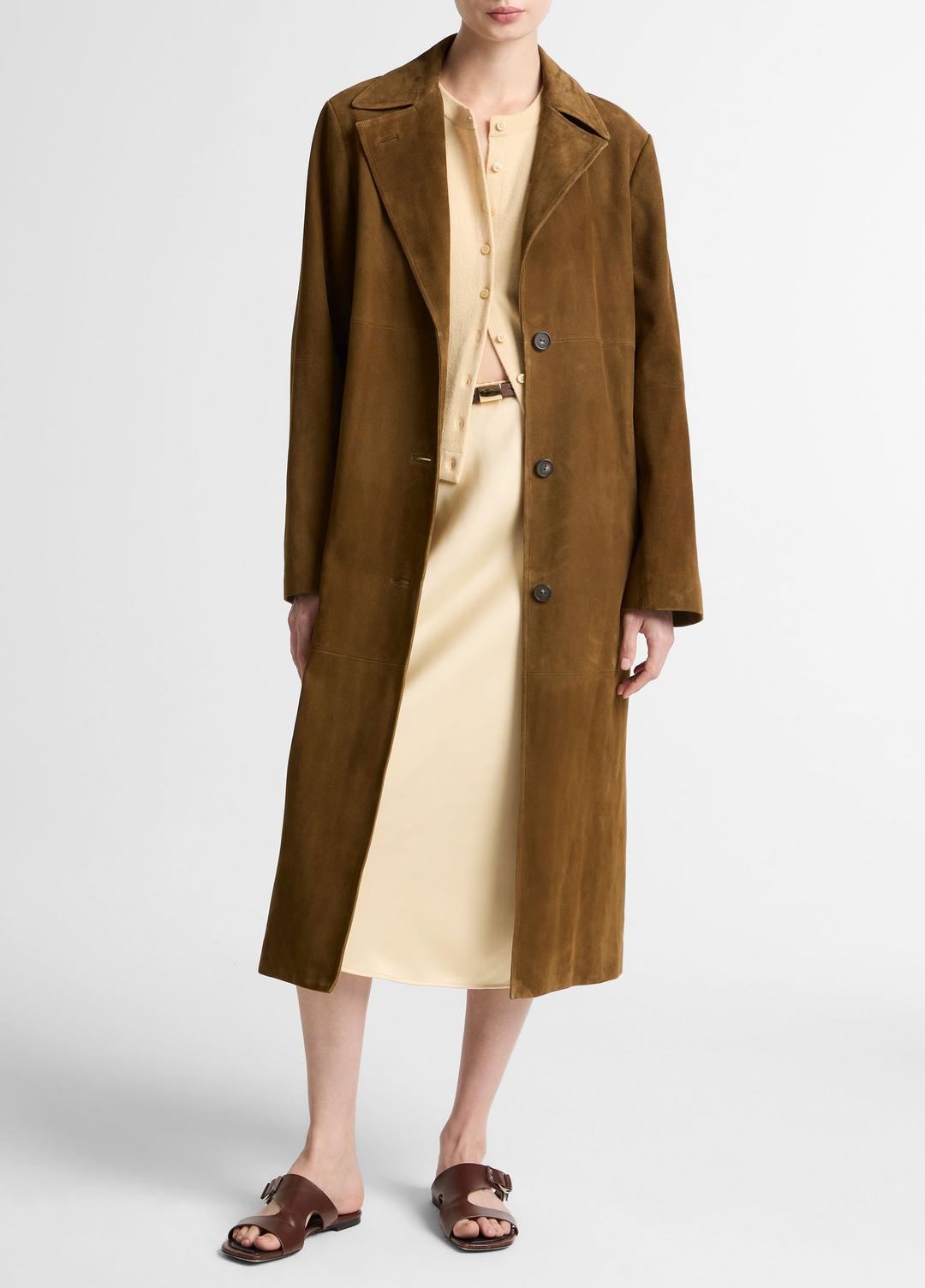 Suede Long Coat in Coats - WOOD MOSS | VINCE Women