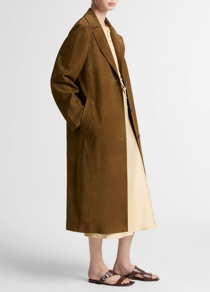 Suede Long Coat in Coats - WOOD MOSS | VINCE Women