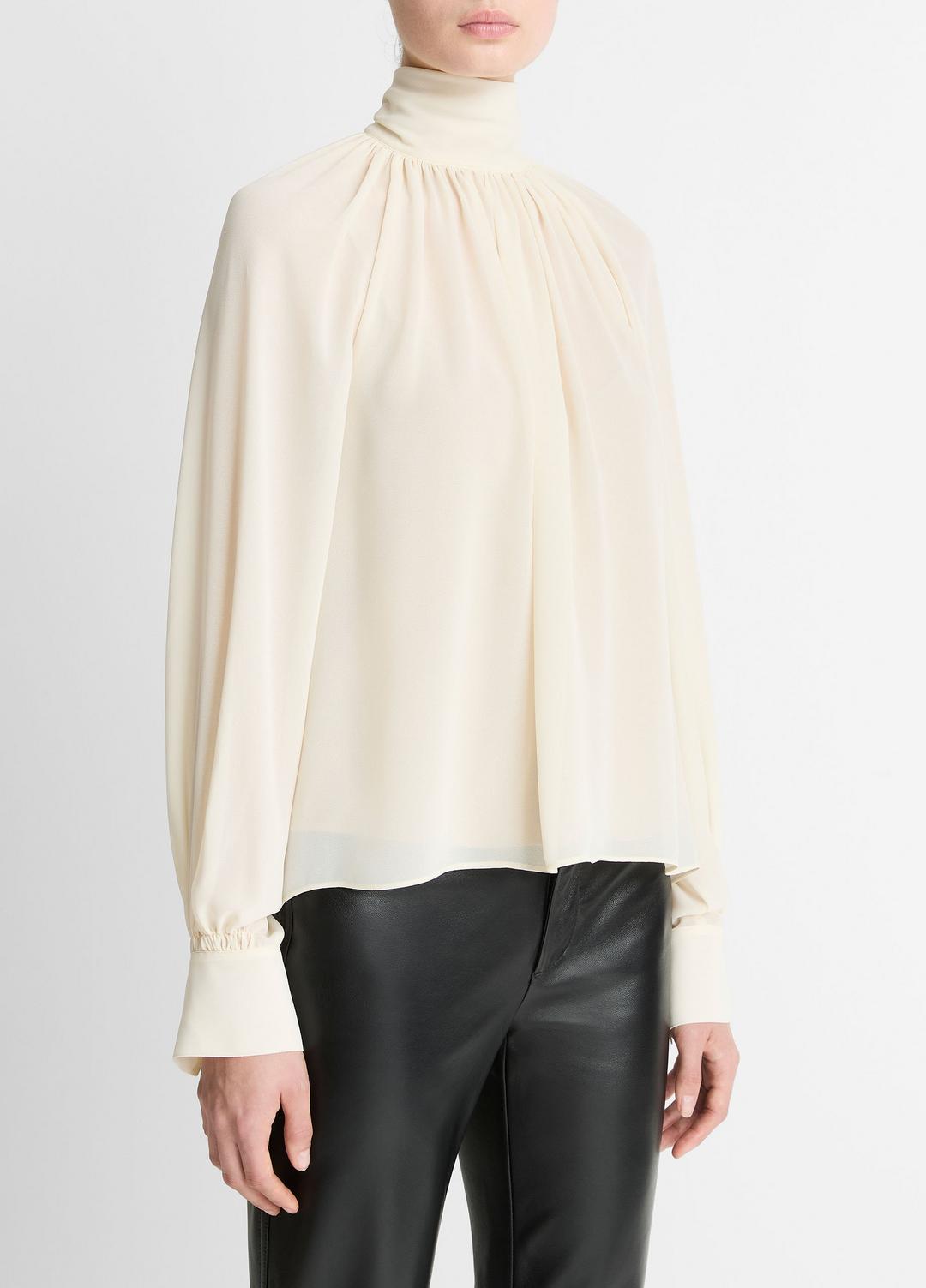 Gathered Draped-Neck Crepe Blouse in Long Sleeve - CREAM | VINCE Women