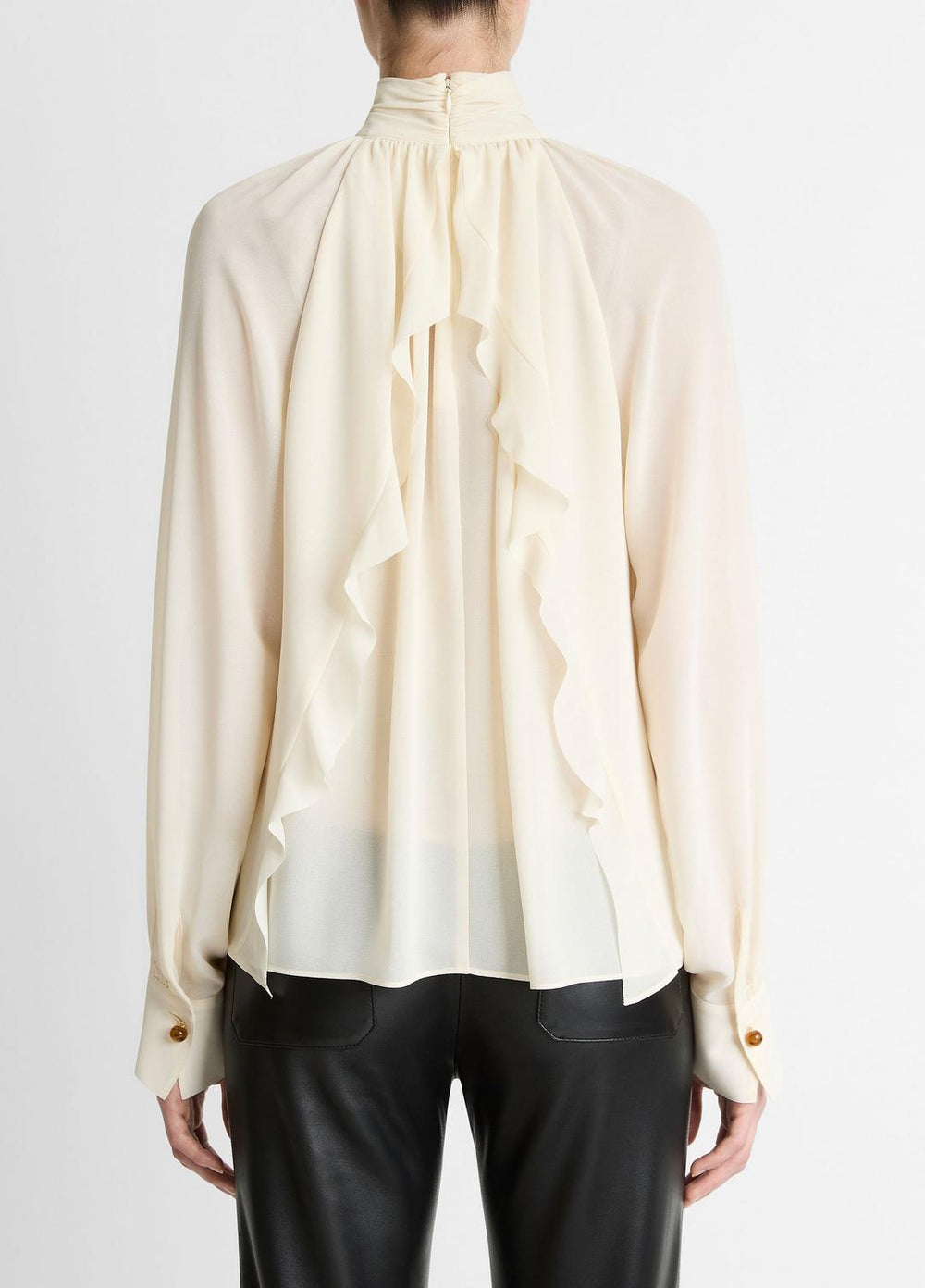 Gathered Draped-Neck Crepe Blouse in Long Sleeve - CREAM | VINCE Women