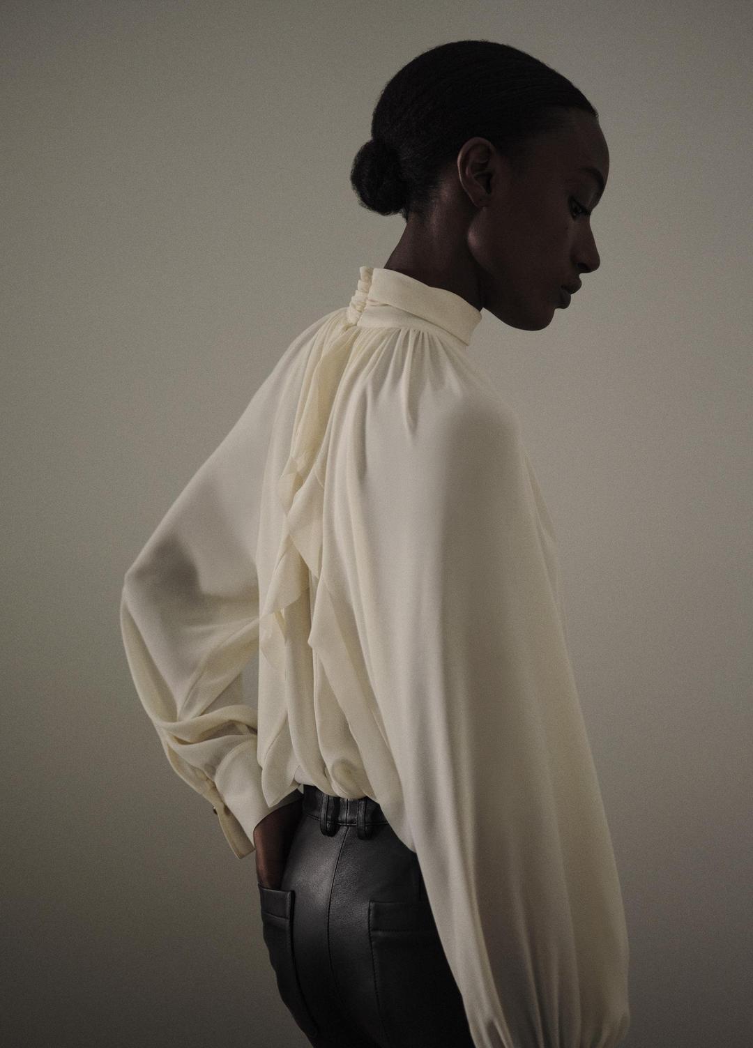 Gathered Draped-Neck Crepe Blouse in Long Sleeve - CREAM | VINCE Women