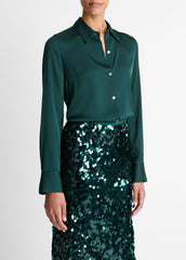 Silk-Blend Slim Button-Front Blouse in Long Sleeve - JUNIPER | VINCE Women