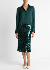 Silk-Blend Slim Button-Front Blouse in Long Sleeve - JUNIPER | VINCE Women