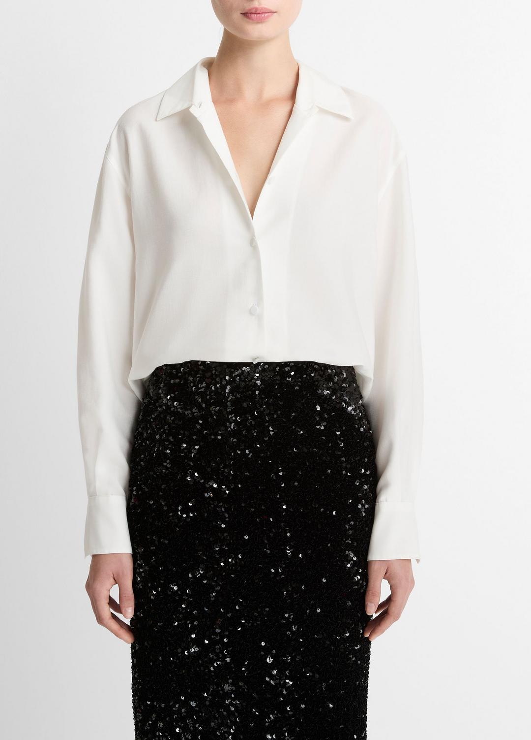 Refined Twill Covered-Button Shirt in Long Sleeve - LIGHT CREAM | VINCE Women