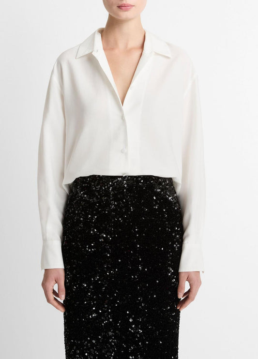 Refined Twill Covered-Button Shirt in Long Sleeve - LIGHT CREAM | VINCE Women