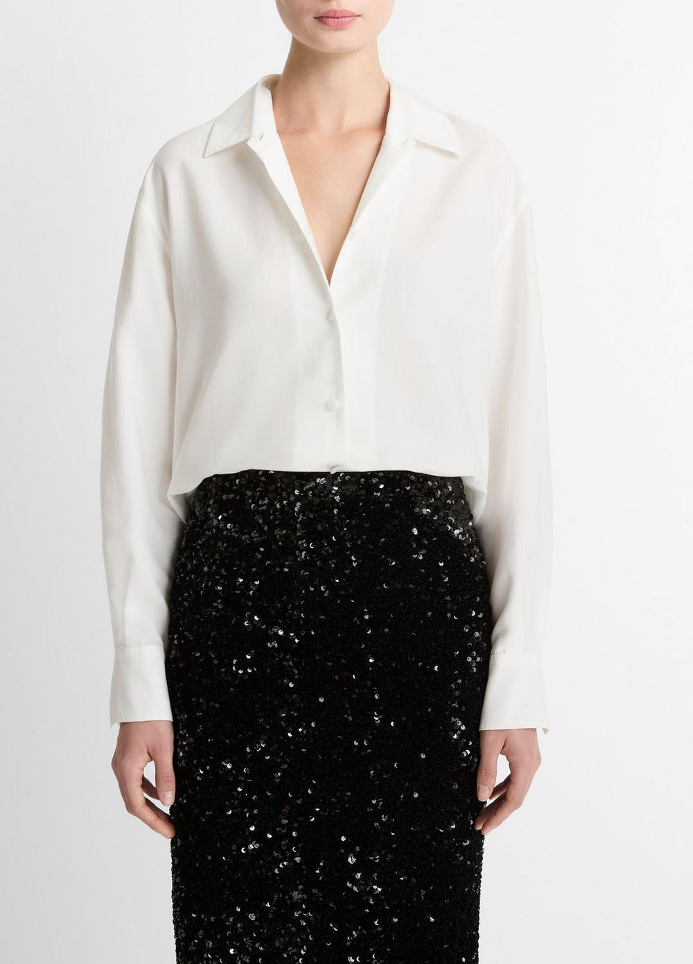 Refined Twill Covered-Button Shirt in Long Sleeve - LIGHT CREAM | VINCE Women