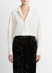 Refined Twill Covered-Button Shirt in Long Sleeve - LIGHT CREAM | VINCE Women
