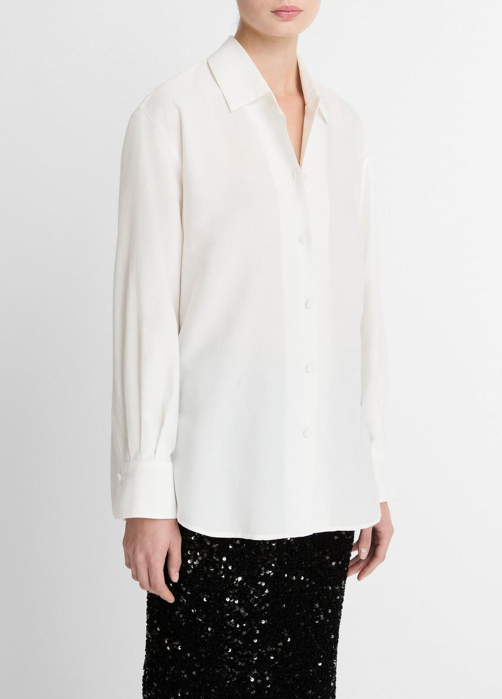 Refined Twill Covered-Button Shirt in Long Sleeve - LIGHT CREAM | VINCE Women