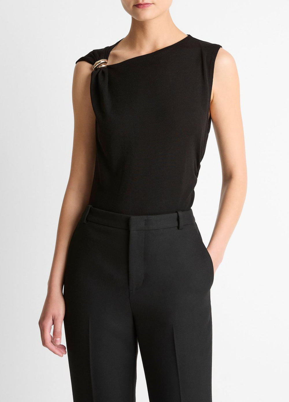 Cinched-Shoulder Wool-Blend Top in Tank Tops - BLACK | VINCE Women