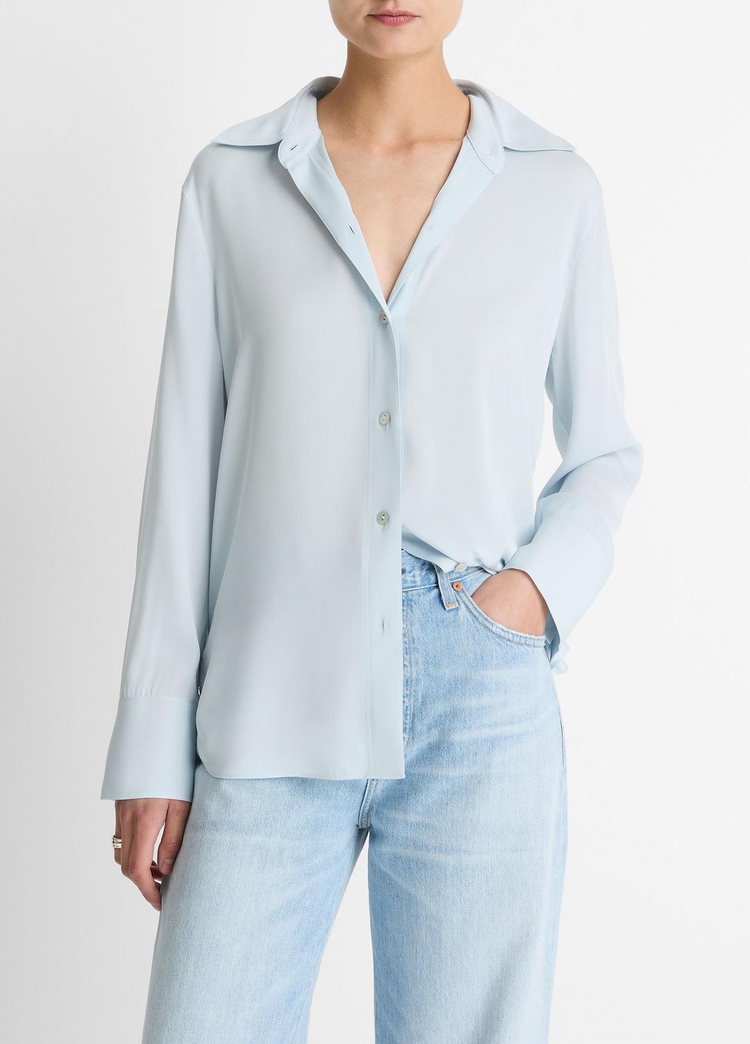 Stretch-Silk Button-Front Blouse in Long Sleeve - GLACIER | VINCE Women