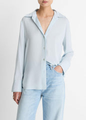 Stretch-Silk Button-Front Blouse in Long Sleeve - GLACIER | VINCE Women