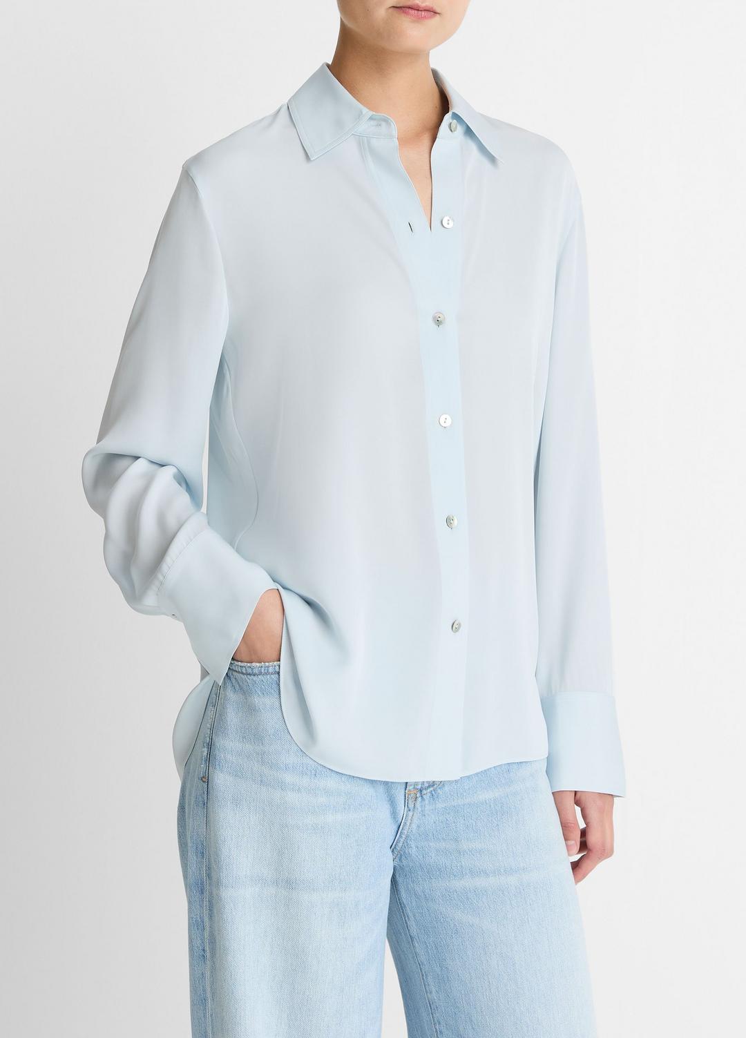 Stretch-Silk Button-Front Blouse in Long Sleeve - GLACIER | VINCE Women