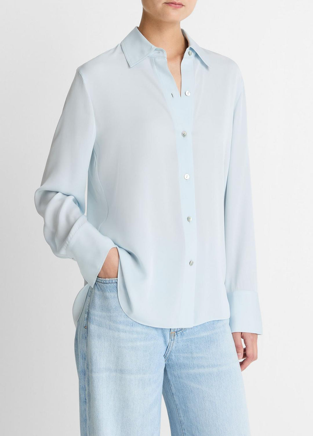 Stretch-Silk Button-Front Blouse in Long Sleeve - GLACIER | VINCE Women