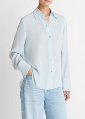 Stretch-Silk Button-Front Blouse in Long Sleeve - GLACIER | VINCE Women