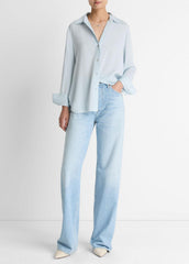 Stretch-Silk Button-Front Blouse in Long Sleeve - GLACIER | VINCE Women