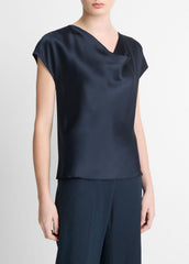 Silk Cowl-Neck Blouse in Short Sleeve - COASTAL BLUE | VINCE Women