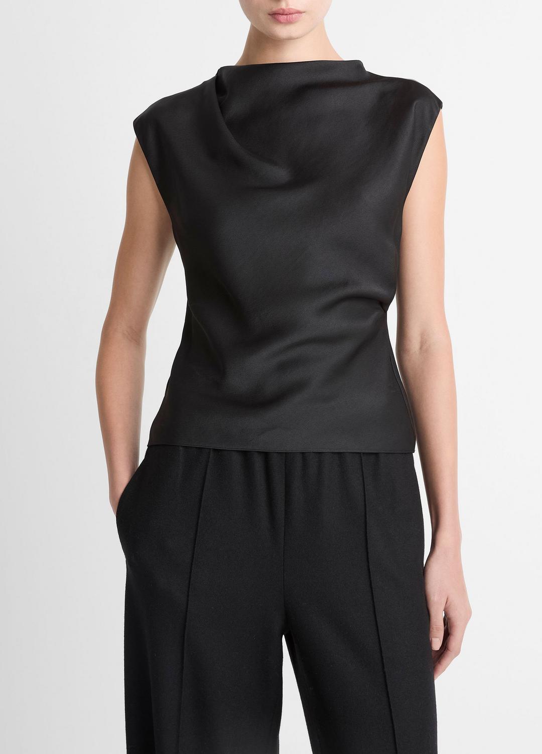 Satin Draped Cowl-Neck Top in Tank Tops - BLACK | VINCE Women