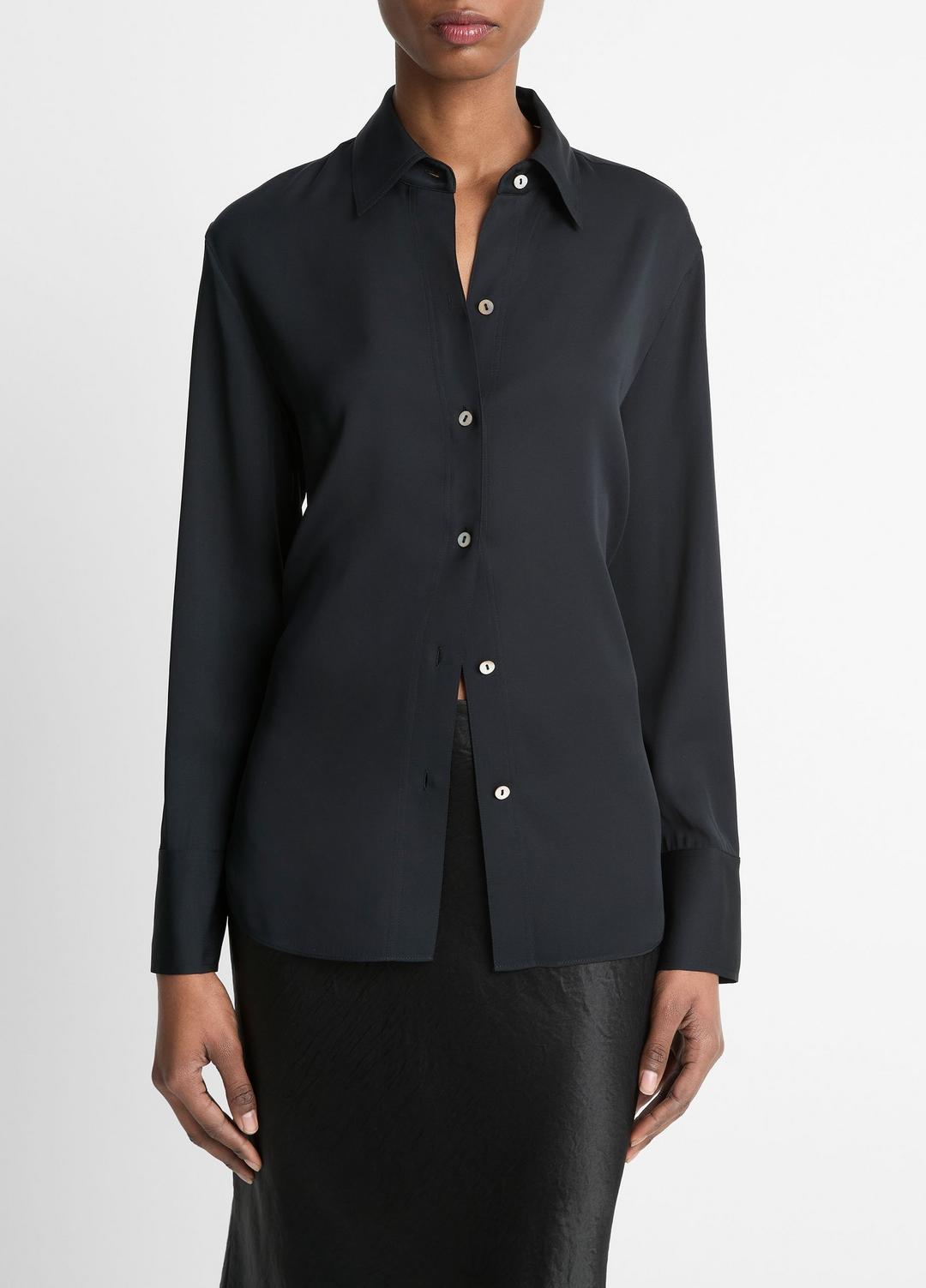 Stretch-Silk Button-Front Blouse in Long Sleeve - BLACK | VINCE Women