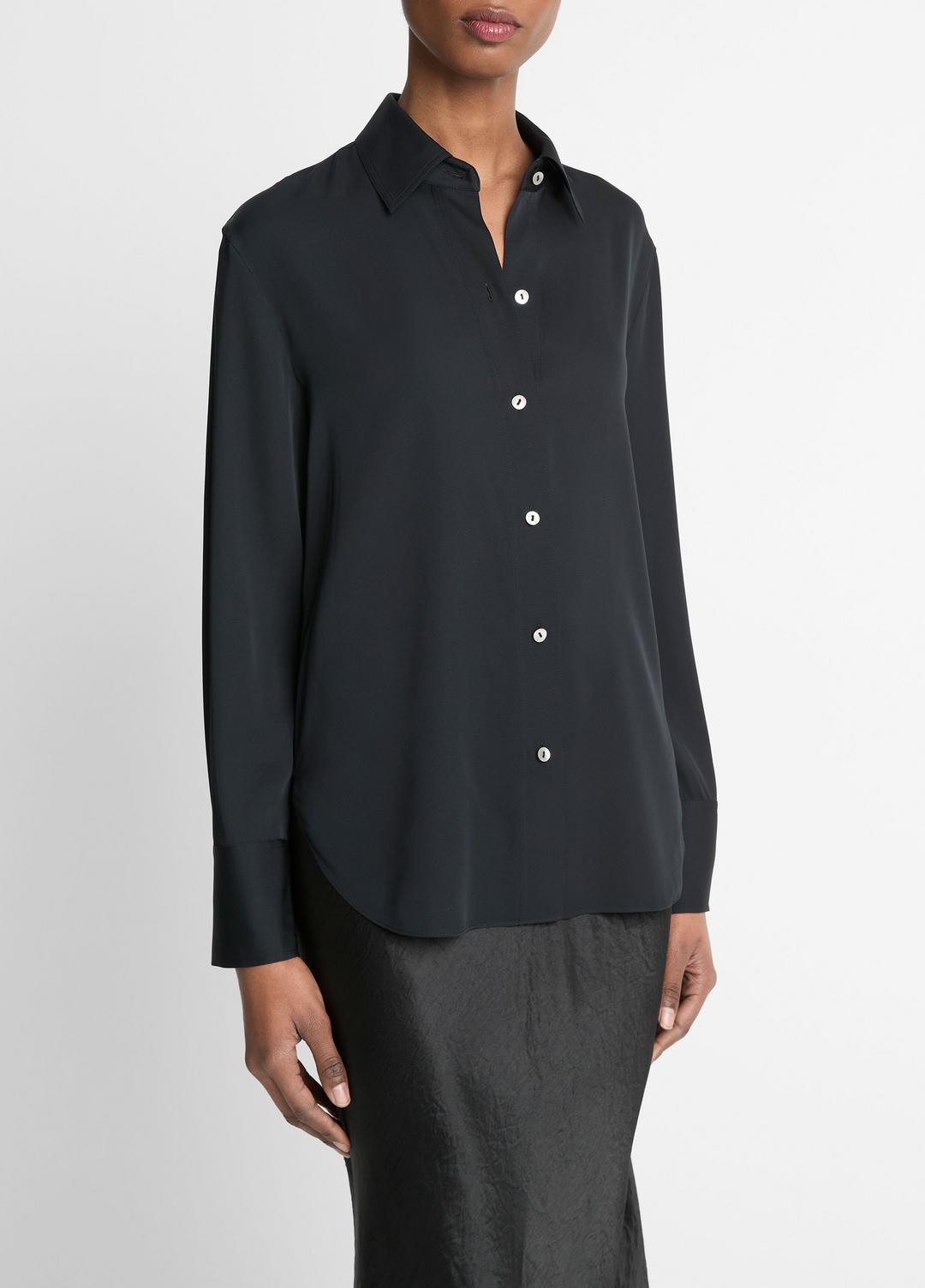 Stretch-Silk Button-Front Blouse in Long Sleeve - BLACK | VINCE Women