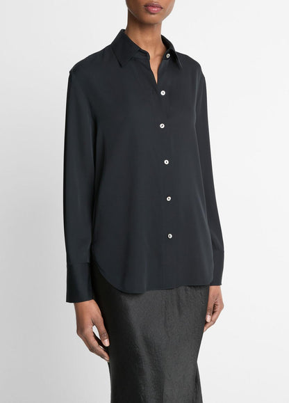 Stretch-Silk Button-Front Blouse in Long Sleeve - BLACK | VINCE Women