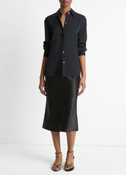 Stretch-Silk Button-Front Blouse in Long Sleeve - BLACK | VINCE Women
