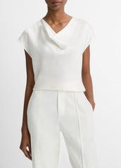 Silk Cowl-Neck Blouse in Short Sleeve - OFF WHITE | VINCE Women