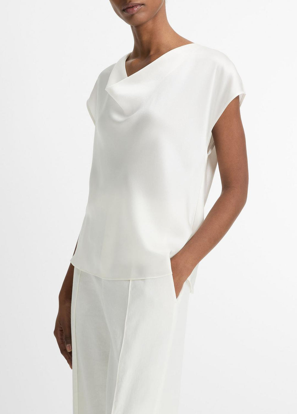 Silk Cowl-Neck Blouse in Short Sleeve - OFF WHITE | VINCE Women