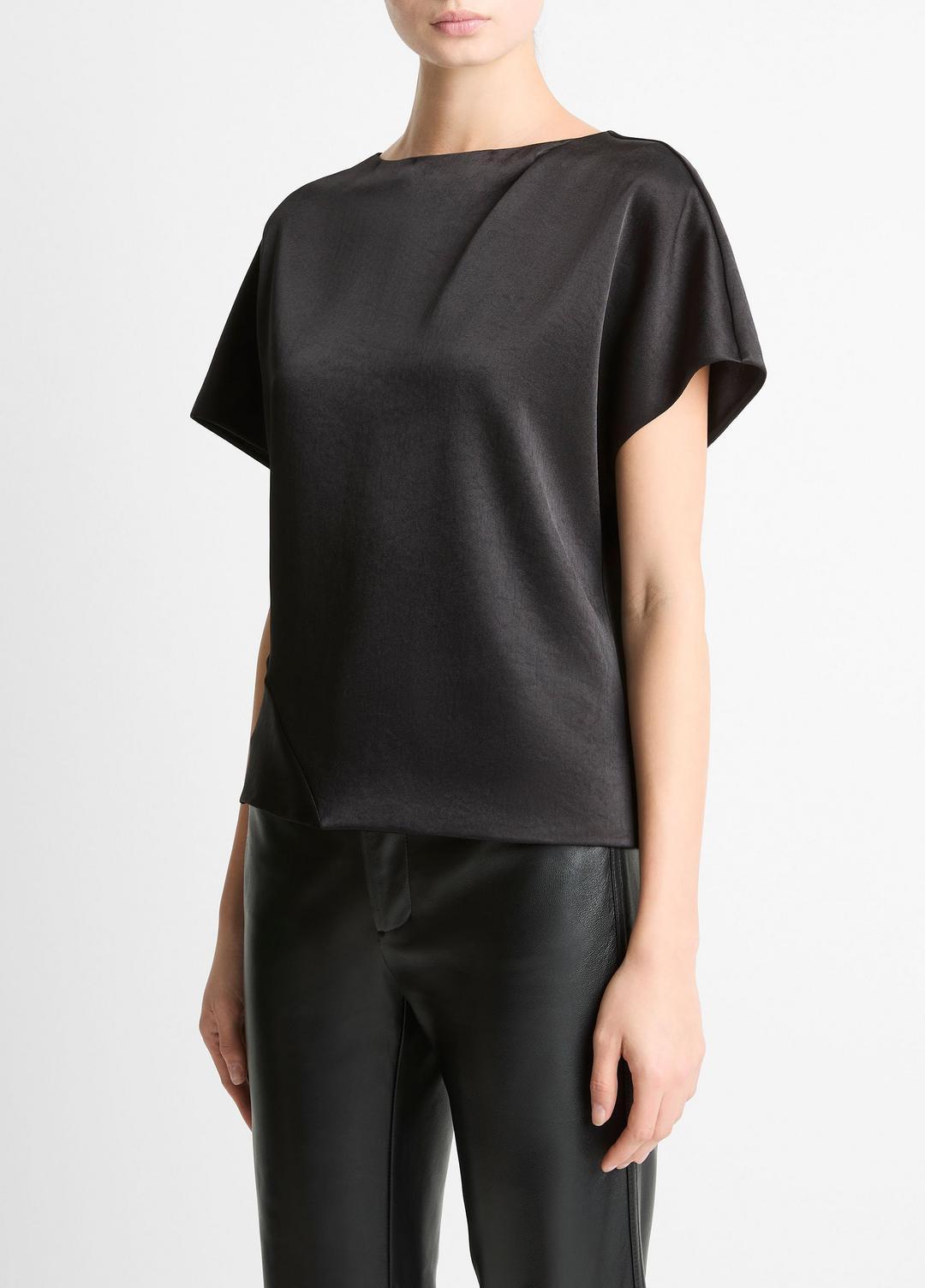 Draped Satin Dolman-Sleeve Blouse in Short Sleeve - BLACK | VINCE Women